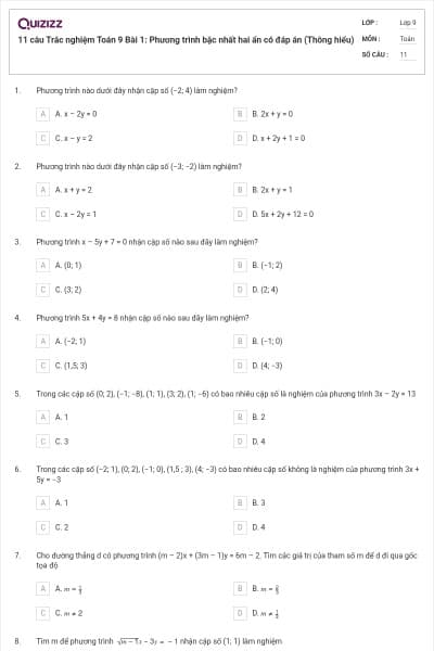 11 câu Trắc nghiệm Toán 9 Bài 1: Phương trình bậc nhất hai ẩn có đáp án (Thông hiểu)