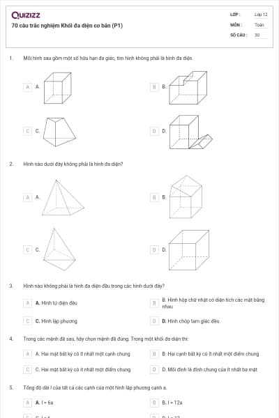 70 câu trắc nghiệm Khối đa diện cơ bản (P1)