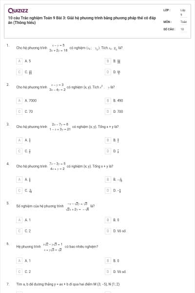 10 câu Trắc nghiệm Toán 9 Bài 3: Giải hệ phương trình bằng phương pháp thế có đáp án (Thông hiểu)