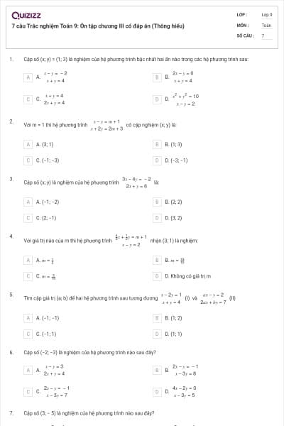 7 câu Trắc nghiệm Toán 9: Ôn tập chương III có đáp án (Thông hiểu)