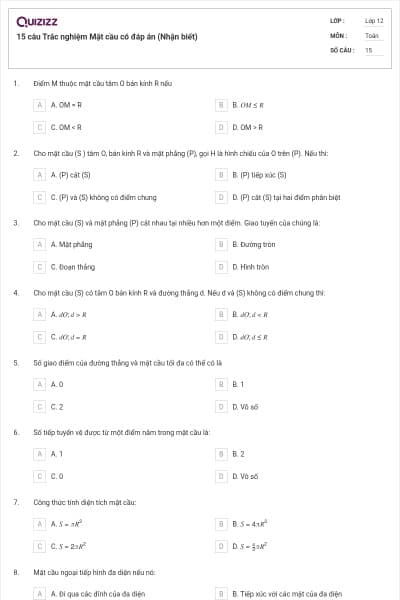 15 câu Trắc nghiệm Mặt cầu có đáp án (Nhận biết)