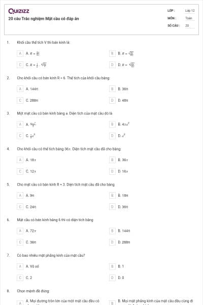 20 câu Trắc nghiệm Mặt cầu có đáp án