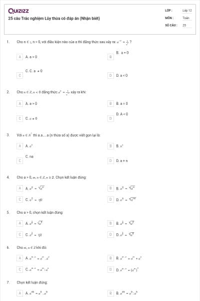 25 câu  Trắc nghiệm Lũy thừa có đáp án (Nhận biết)