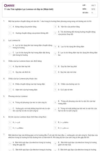 11 câu Trắc nghiệm Lực Lorenxơ có đáp án (Nhận biết)