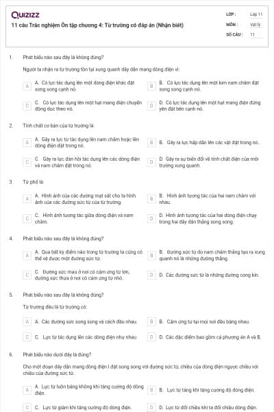 11 câu  Trắc nghiệm Ôn tập chương 4: Từ trường có đáp án (Nhận biết)