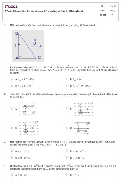 17 câu  Trắc nghiệm Ôn tập chương 4: Từ trường có đáp án (Thông hiểu)