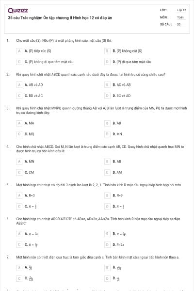 35 câu Trắc nghiệm Ôn tập chương II Hình học 12 có đáp án