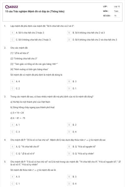 15 câu Trắc nghiệm Mệnh đề có đáp án (Thông hiểu)