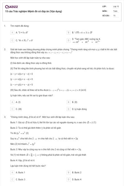 15 câu Trắc nghiệm Mệnh đề có đáp án (Vận dụng)