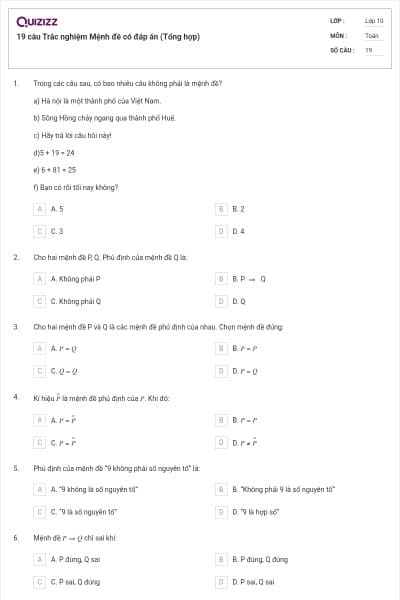 19 câu Trắc nghiệm Mệnh đề có đáp án (Tổng hợp)