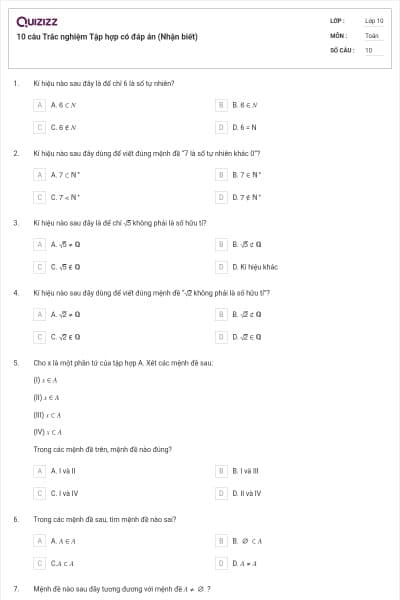 10 câu Trắc nghiệm Tập hợp có đáp án (Nhận biết)