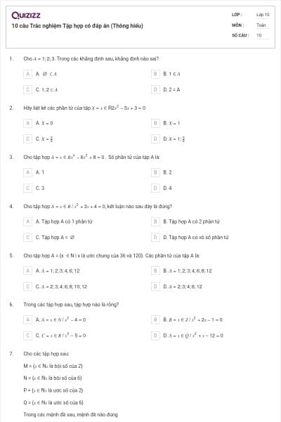 10 câu Trắc nghiệm Tập hợp có đáp án (Thông hiểu)