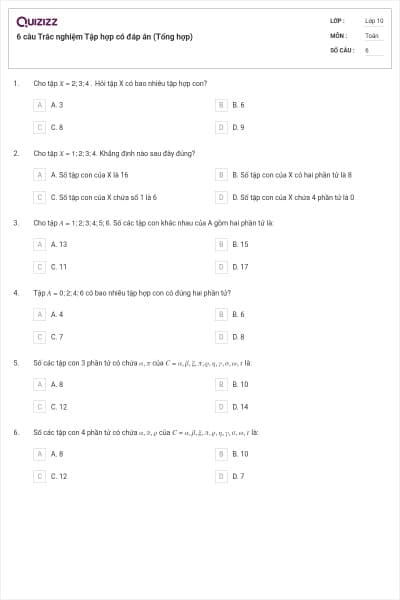 6 câu Trắc nghiệm Tập hợp có đáp án (Tổng hợp)