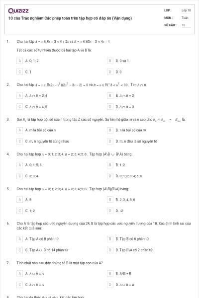 10 câu  Trắc nghiệm Các phép toán trên tập hợp có đáp án (Vận dụng)