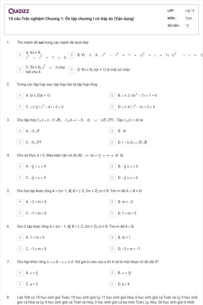 10 câu  Trắc nghiệm Chương 1: Ôn tập chương I có đáp án (Vận dụng)