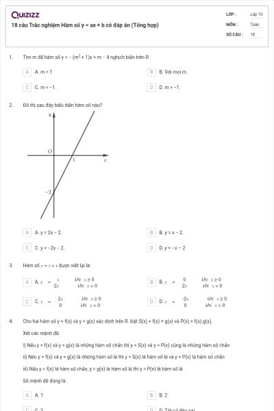 18 câu  Trắc nghiệm Hàm số y = ax + b có đáp án (Tổng hợp)
