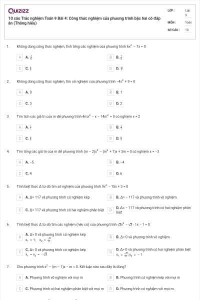 10 câu Trắc nghiệm Toán 9 Bài 4: Công thức nghiệm của phương trình bậc hai có đáp án (Thông hiểu)