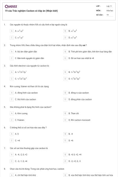 19 câu Trắc nghiệm Cacbon có đáp án (Nhận biết)