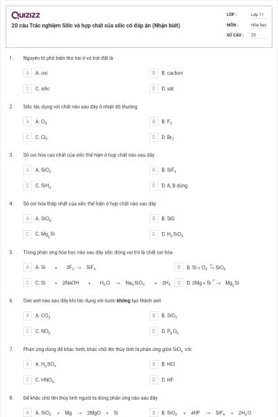 20 câu  Trắc nghiệm Silic và hợp chất của silic có đáp án (Nhận biết)