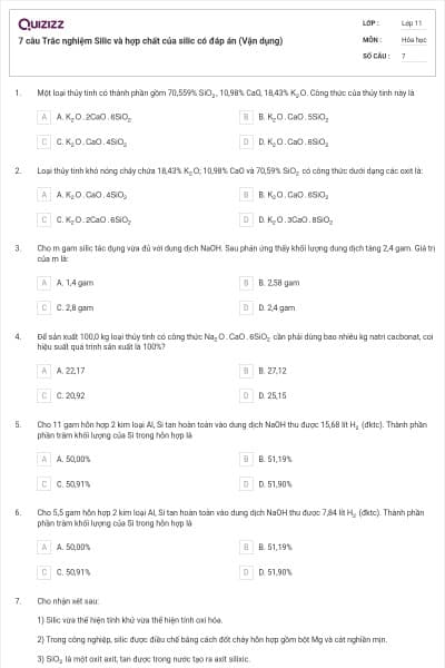 7 câu  Trắc nghiệm Silic và hợp chất của silic có đáp án (Vận dụng)