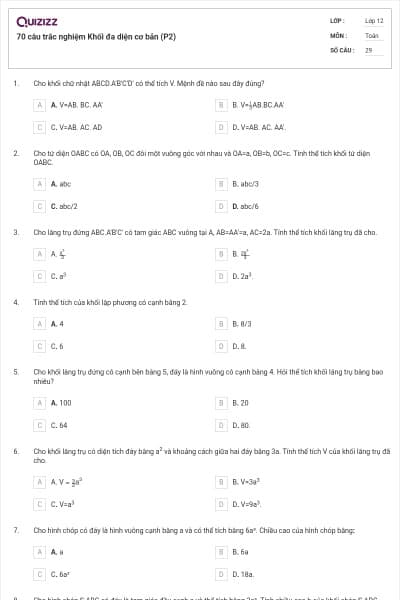 70 câu trắc nghiệm Khối đa diện cơ bản (P2)