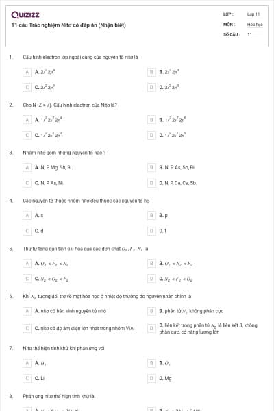 11 câu  Trắc nghiệm Nitơ có đáp án (Nhận biết)