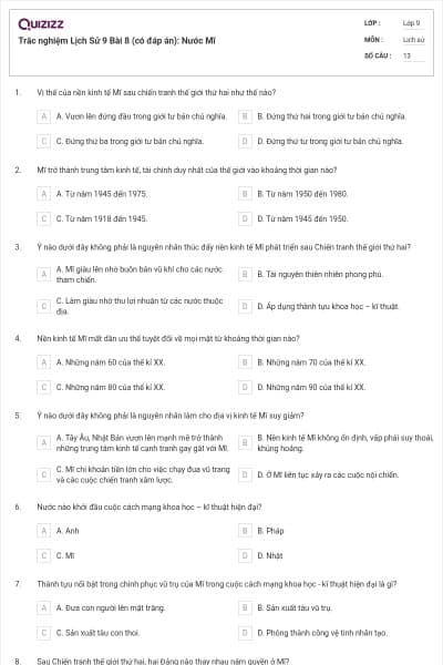 Trắc nghiệm Lịch Sử 9 Bài 8 (có đáp án): Nước Mĩ