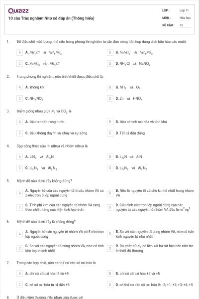 10 câu Trắc nghiệm Nitơ có đáp án (Thông hiểu)