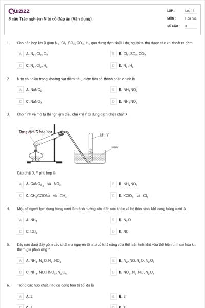 8 câu  Trắc nghiệm Nitơ có đáp án (Vận dụng)