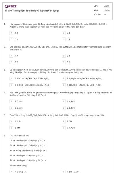 13 câu  Trắc nghiệm Sự điện ly có đáp án (Vận dụng)