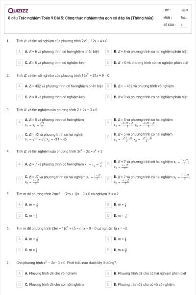 8 câu Trắc nghiệm Toán 9 Bài 5: Công thức nghiệm thu gọn có đáp án (Thông hiểu)