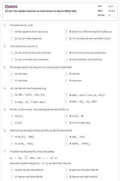 20 câu Trắc nghiệm Amoniac và muối amoni có đáp án (Nhận biết)