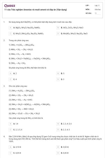 11 câu  Trắc nghiệm Amoniac và muối amoni có đáp án (Vận dụng)