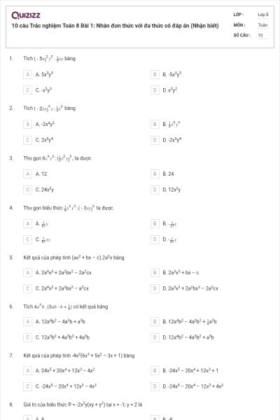 10 câu Trắc nghiệm Toán 8 Bài 1: Nhân đơn thức với đa thức có đáp án (Nhận biết)