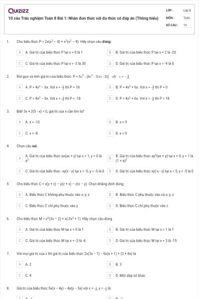 10 câu Trắc nghiệm Toán 8 Bài 1: Nhân đơn thức với đa thức có đáp án (Thông hiểu)
