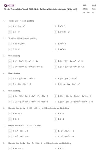 10 câu Trắc nghiệm Toán 8 Bài 2: Nhân đa thức với đa thức có đáp án (Nhận biết)