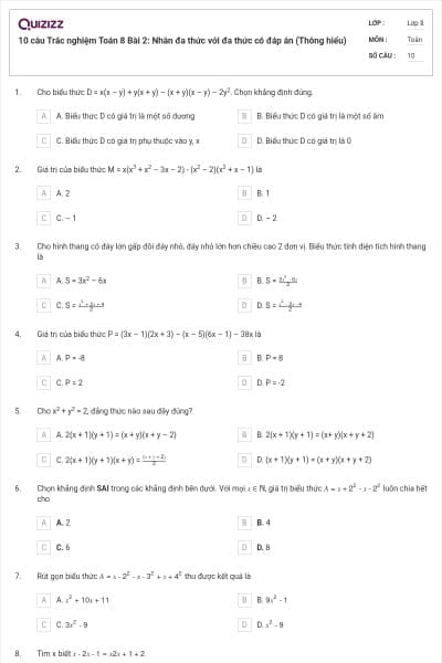 10 câu Trắc nghiệm Toán 8 Bài 2: Nhân đa thức với đa thức có đáp án (Thông hiểu)
