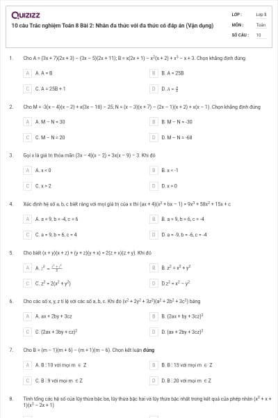 10 câu Trắc nghiệm Toán 8 Bài 2: Nhân đa thức với đa thức có đáp án (Vận dụng)