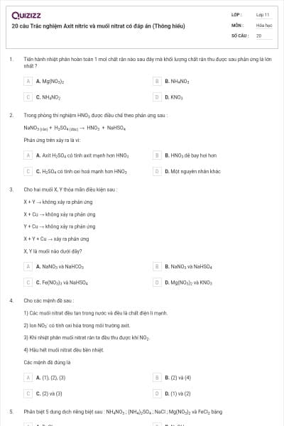 20 câu Trắc nghiệm Axit nitric và muối nitrat có đáp án (Thông hiểu)