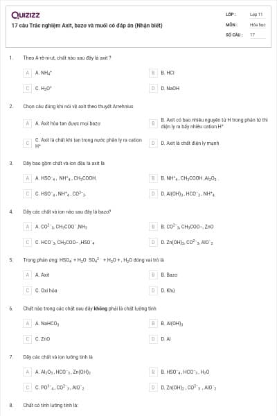 17 câu  Trắc nghiệm Axit, bazơ và muối có đáp án (Nhận biết)