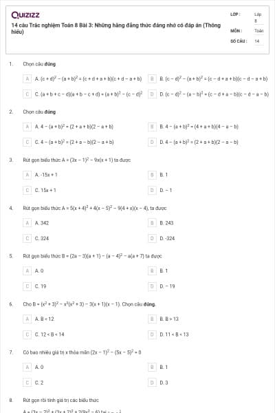 14 câu Trắc nghiệm Toán 8 Bài 3: Những hằng đẳng thức đáng nhớ có đáp án (Thông hiểu)