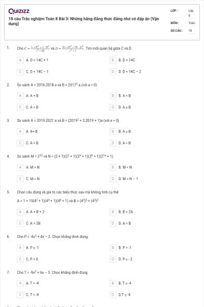 18 câu Trắc nghiệm Toán 8 Bài 3: Những hằng đẳng thức đáng nhớ có đáp án (Vận dụng)