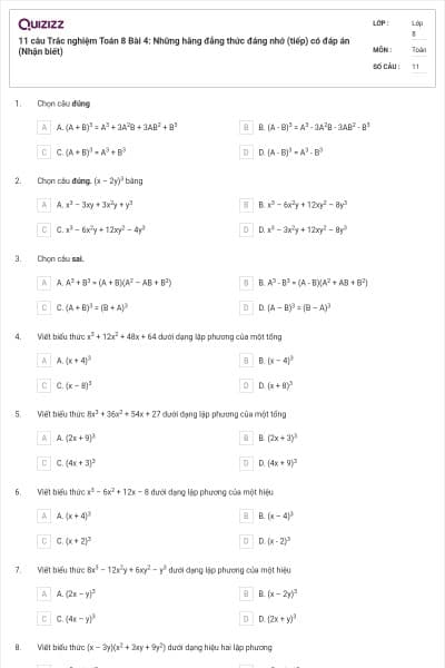 11 câu Trắc nghiệm Toán 8 Bài 4: Những hằng đẳng thức đáng nhớ (tiếp) có đáp án (Nhận biết)