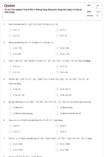 10 câu Trắc nghiệm Toán 8 Bài 5: Những hằng đẳng thức đáng nhớ (tiếp) có đáp án (Vận dụng)