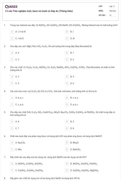 13 câu Trắc nghiệm Axit, bazơ và muối có đáp án (Thông hiểu)