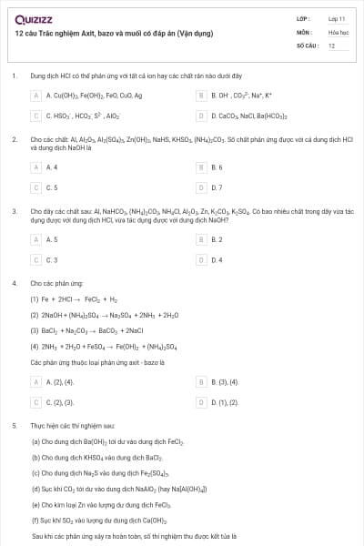 12 câu  Trắc nghiệm Axit, bazơ và muối có đáp án (Vận dụng)