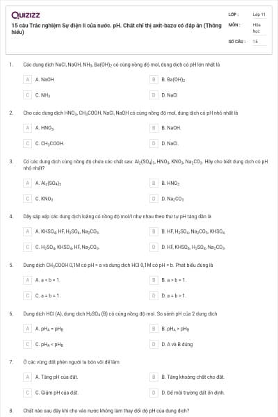 15 câu Trắc nghiệm Sự điện li của nước. pH. Chất chỉ thị axit-bazơ có đáp án (Thông hiểu)