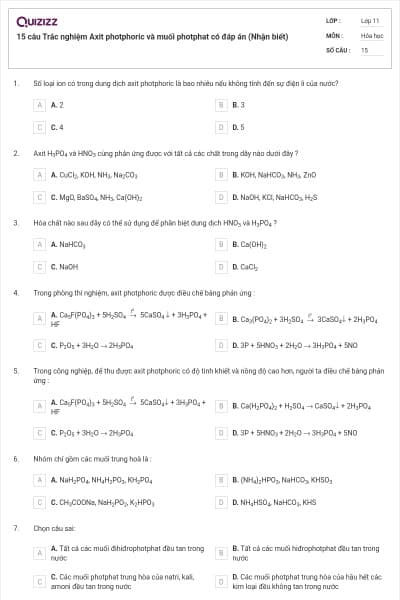 15 câu Trắc nghiệm Axit photphoric và muối photphat có đáp án (Nhận biết)