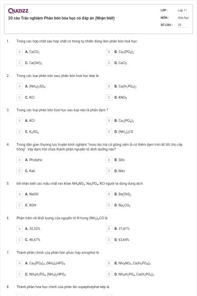 20 câu Trắc nghiệm Phân bón hóa học có đáp án (Nhận biết)