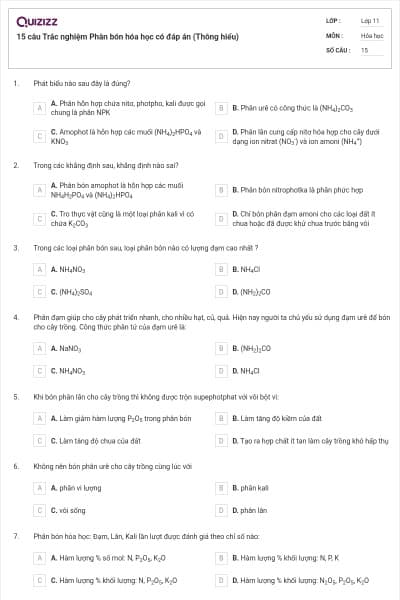 15 câu Trắc nghiệm Phân bón hóa học có đáp án (Thông hiểu)